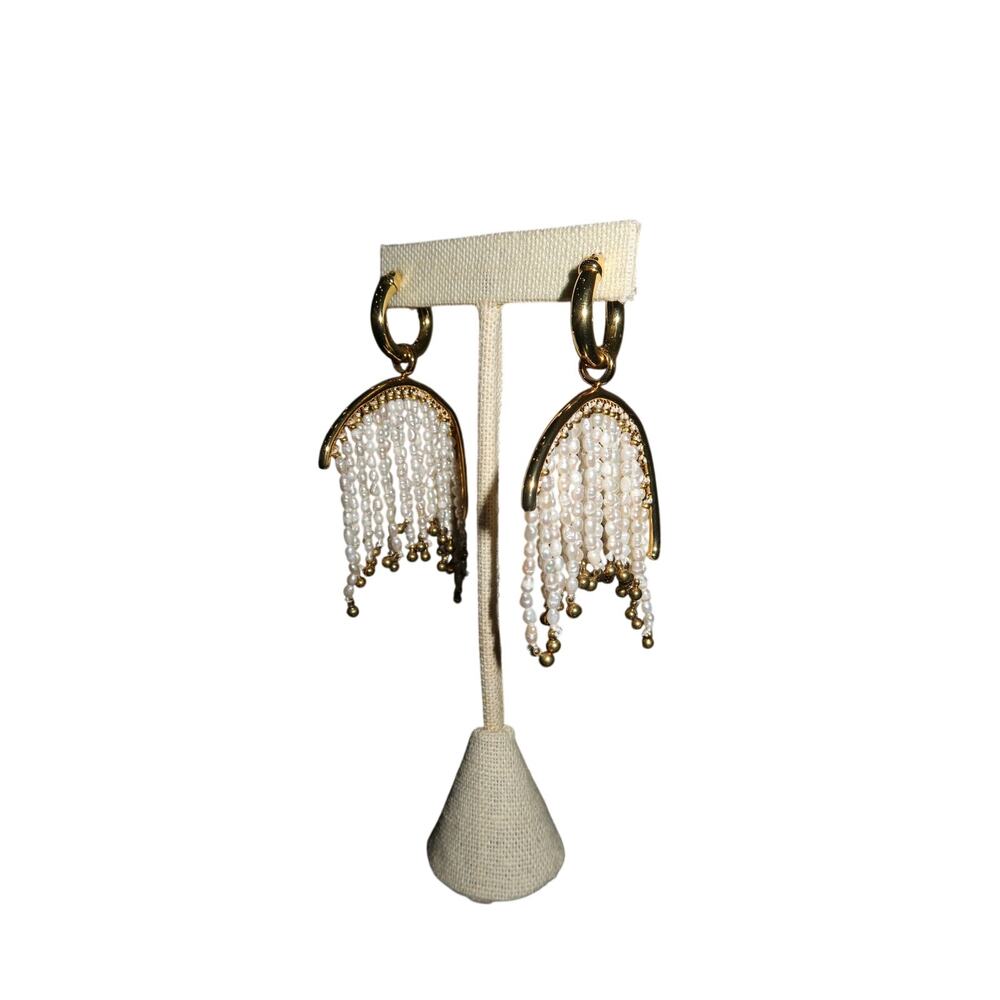 18K Gold Filled White Pearl Fringe Hoop Earrings Handmade Colombia Women's OS